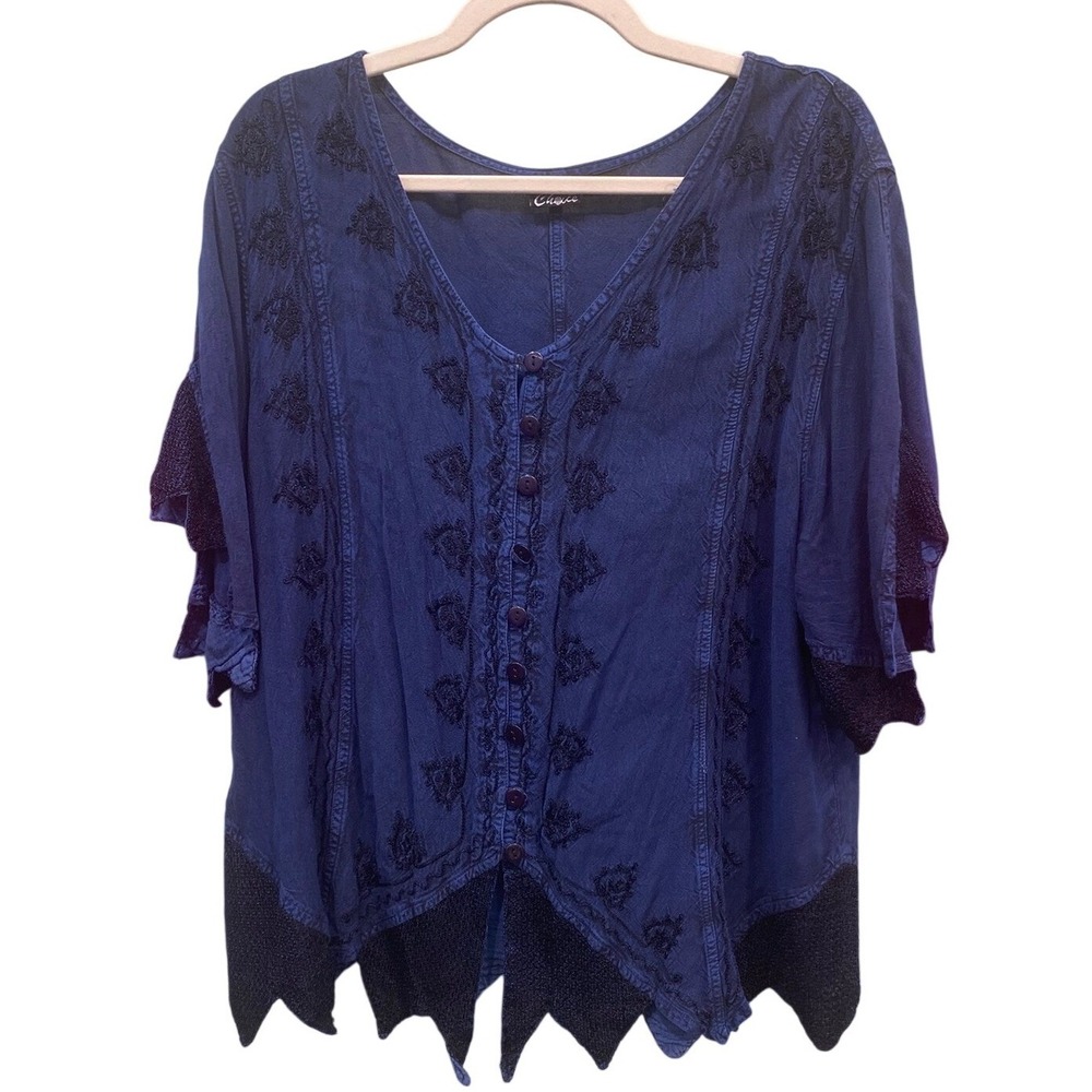 90's My Choice Blue Embroidered Rayon Blouse Plus Size Boho Sharkbite Hem hippie